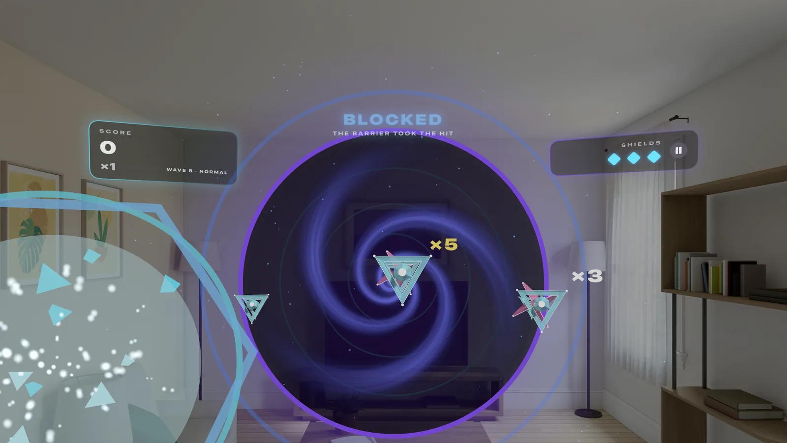 BLOCKED: a diving ship shatters against the Barrier at the lower left and all three shields stay lit, while Line Assist tags a line of five in the rift.