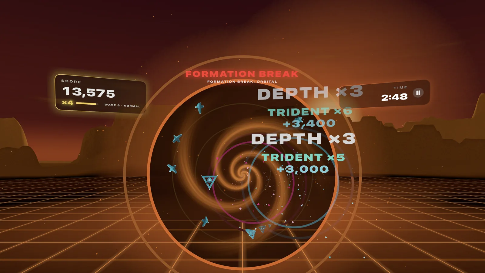 Immersive mode in the desert at dusk: a Formation Break in the rift over a glowing grid, and two Trident strikes scoring DEPTH ×3 at once.