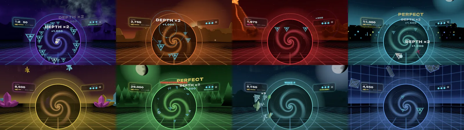 All eight Immersive places, each with the rift in its own colors: deep space, a desert at dusk, a volcanic forge, a neon city, crystal fields, a night forest, a moonlit sea and a holographic training dome.