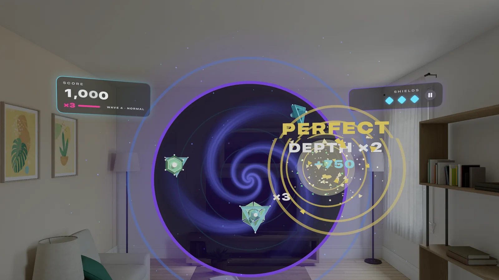Spatial mode: a rift open in a dimmed living room, PERFECT DEPTH ×2 bursting over armored Bastions that Line Assist tags ×3.