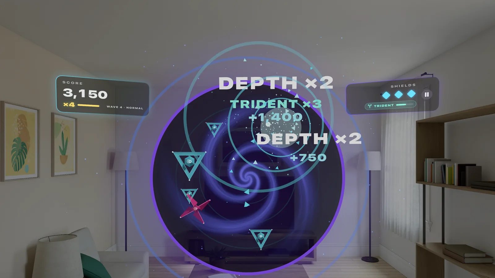 One Trident pinch in a living room: DEPTH ×2, TRIDENT ×3 and another DEPTH ×2 over the rift.